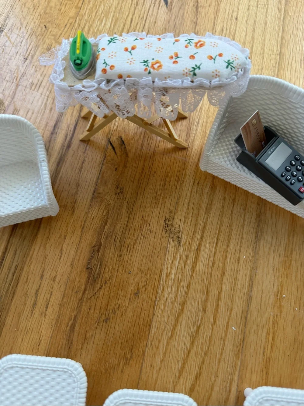 Miniature Dollhouse Ironing Board and Wicker Chairs Set & card machine